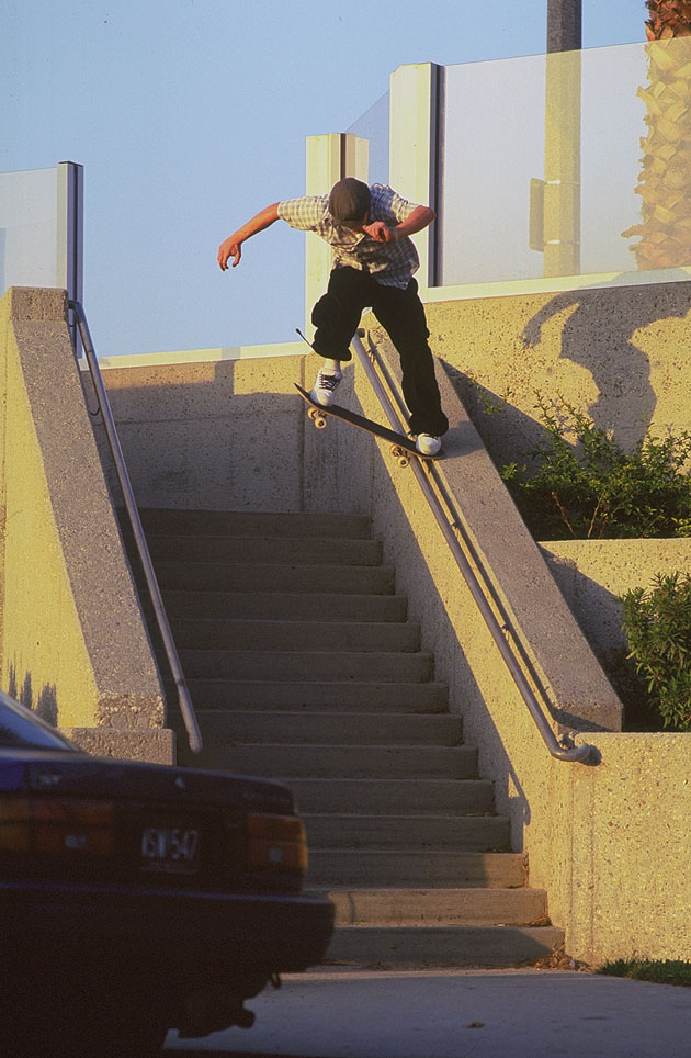 Chad Muska tames a huge hubba, noseslide, 1996.