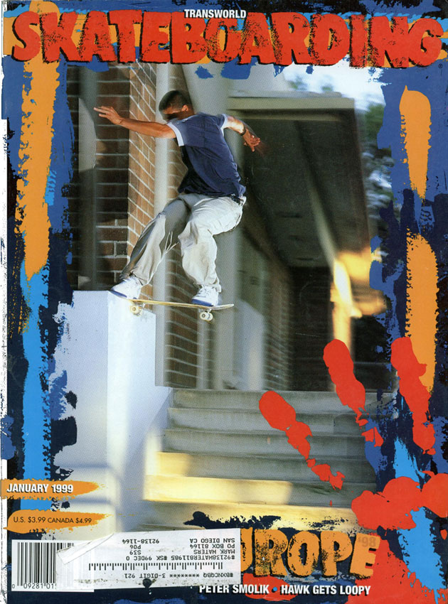 Eric Koston, switch tailslide, TransWorld Skateboarding, January 1999.