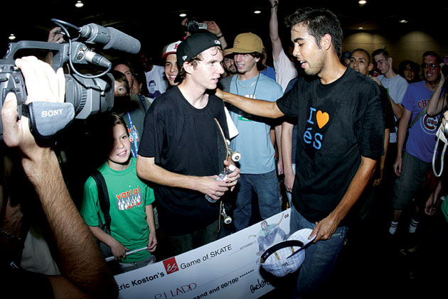 Koston congratulates P.J. Ladd on taking first at The éS Game of SKATE
